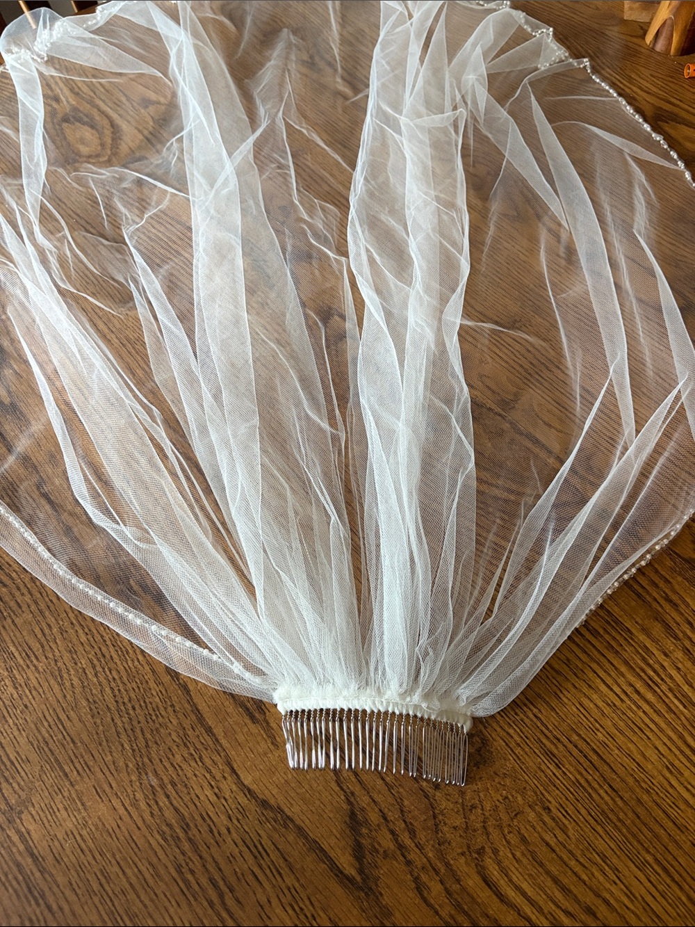 Classic Sheer Bridal Veil with Comb and Beaded edge- Ivory